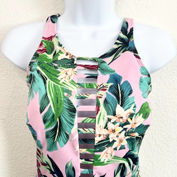 Miraclesuit Floral Leah High Neck Lattice Front One Piece Swim Suit Tropical M - Picture 2 of 8